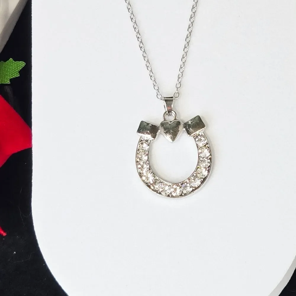 Silver Horseshoe Pendant Necklace Rhinestone Lucky Charm Equestrian Jewelry 20